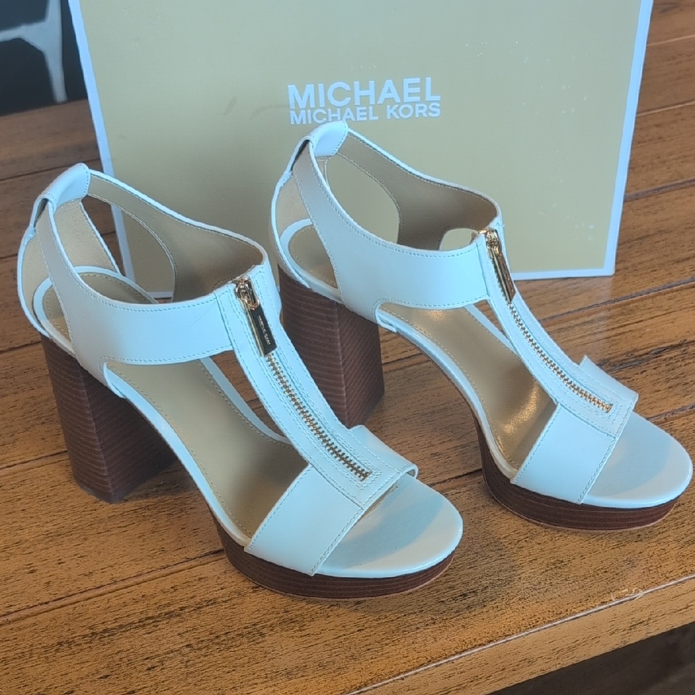 Michael Kors White Leather Zip-Front Block Heel Sandals with Wood-Tone Heel